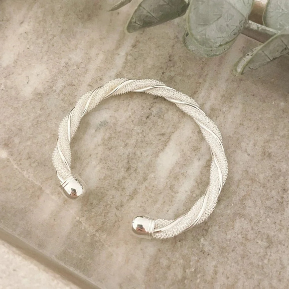 925 Sterling Silver Twist Bangle Bracelet Cuff Bracelet Shiny Textured Bracelet - Picture 4 of 5